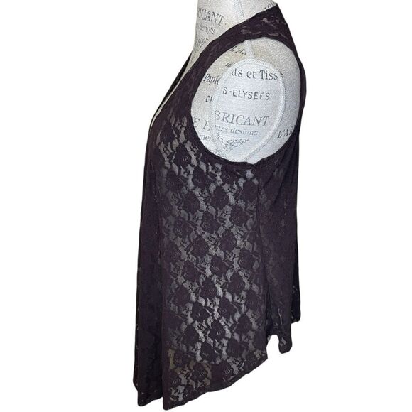 Back In The Saddle High Low Floral Lace Sleeveless Cardigan Dark Brown Medium - Picture 5 of 9